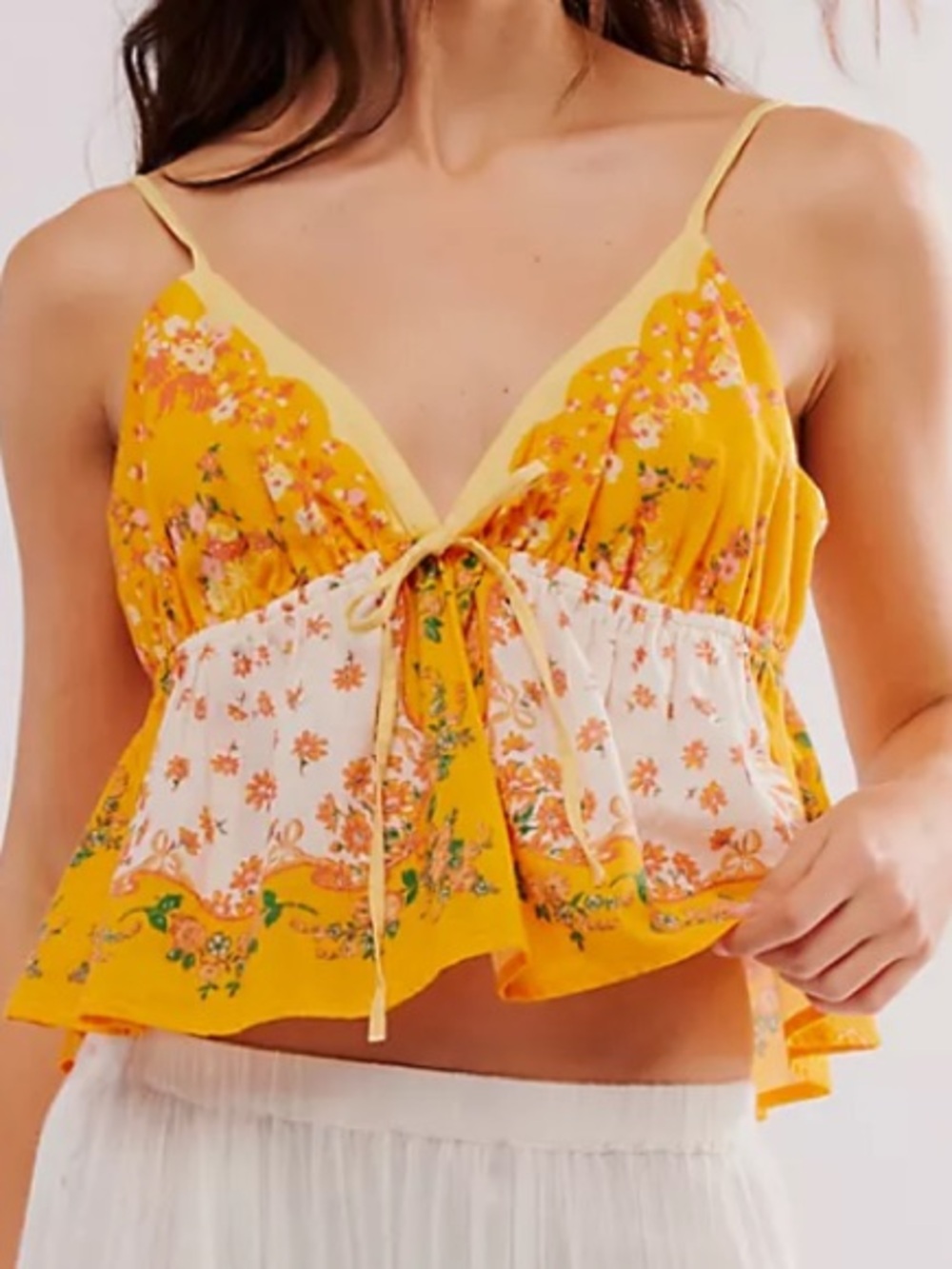 Free people Yellow Floral Tie-Front Camisole Top